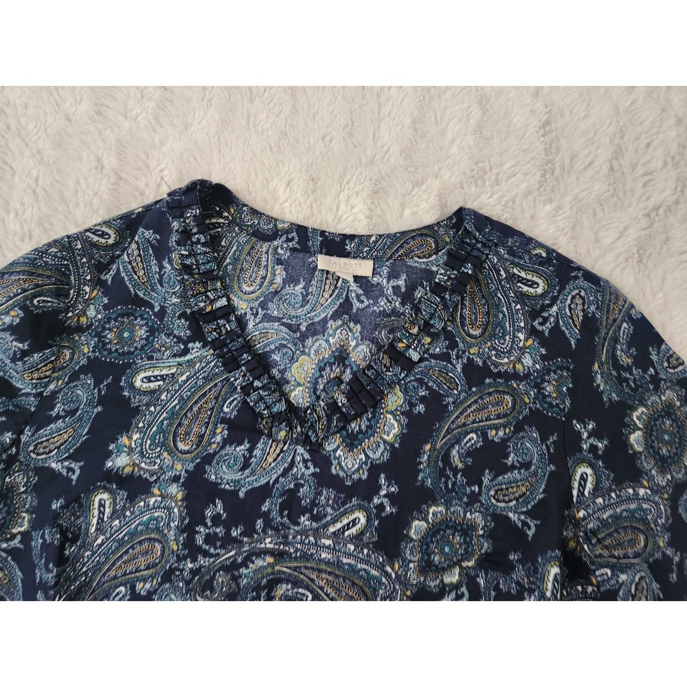 Talbots Petites Blue Paisley Cotton Blouse V-Neck Ruffle Trim 3/4 Sleeve Size SP